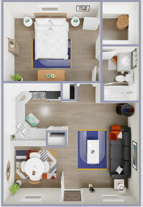 Floor plan for 1 bed, 1 bath, 594 sqft